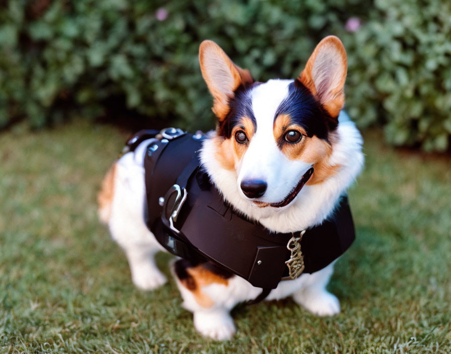 Corgi in Black Jacket Standing on Grass by Hedge