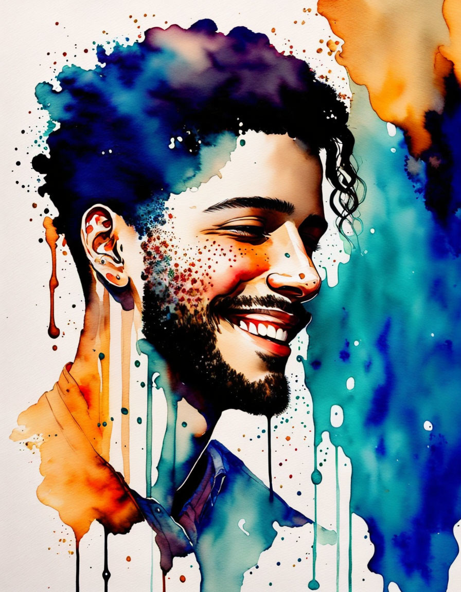 Colorful Watercolor Portrait of Smiling Man