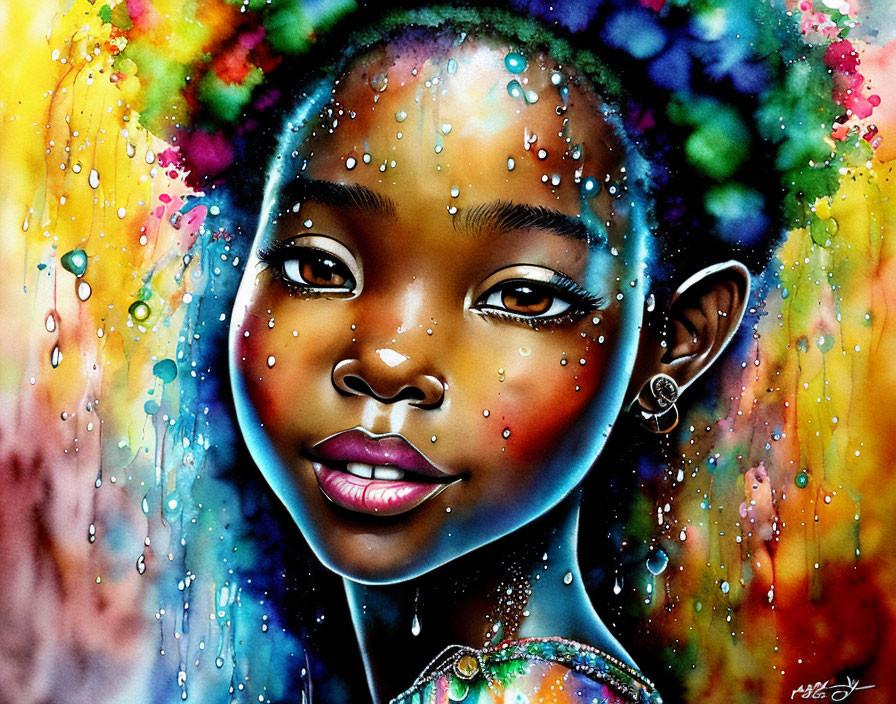 Colorful portrait of young girl with water droplets and rainbow theme