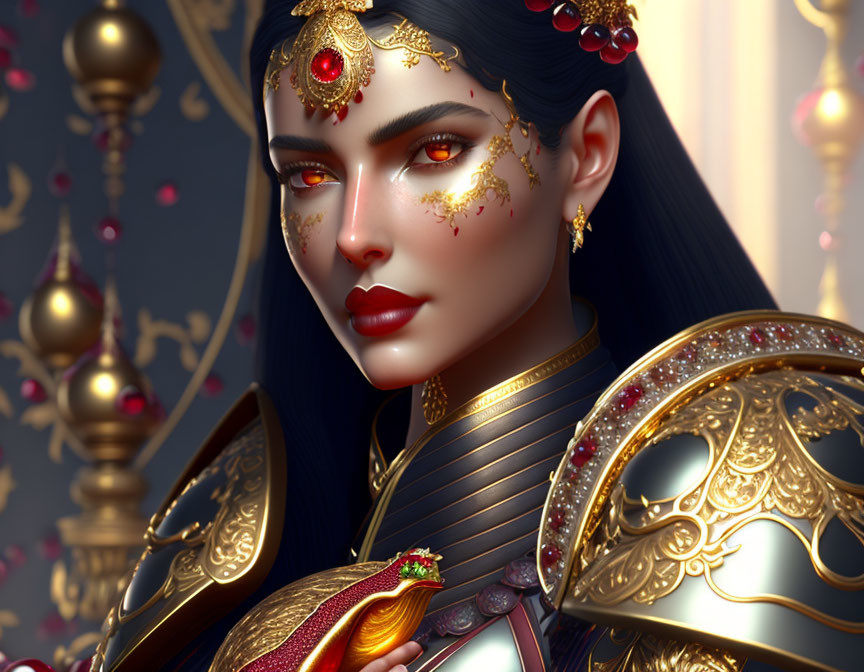 Detailed digital portrait of female warrior in golden armor with shield, set against ornate backdrop