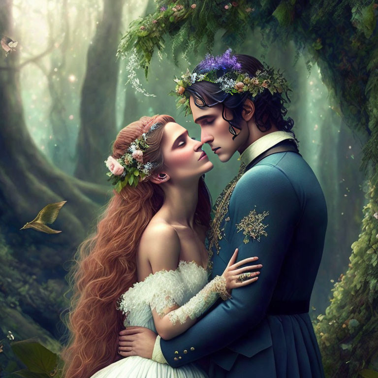 Romantic fantasy illustration of couple in mystical forest with floral crowns and vintage attire