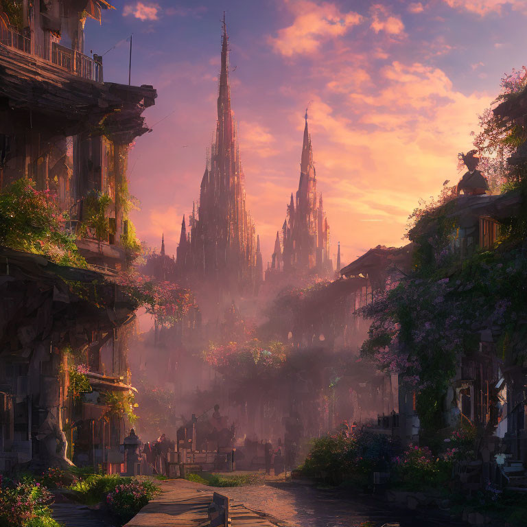 Fantasy cityscape at sunset with towering spires and warm ambient light