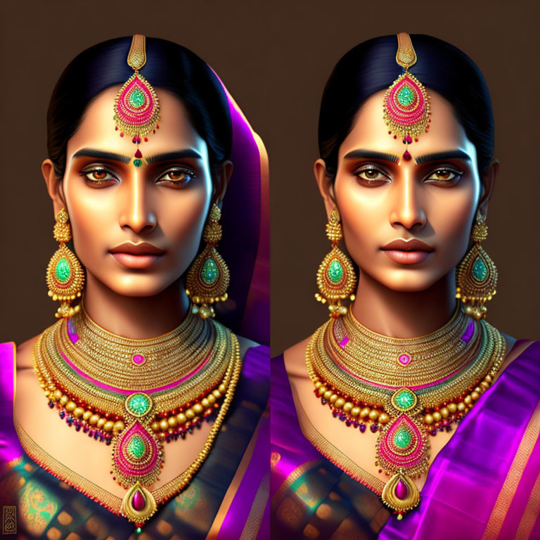 Symmetrical portraits of woman in Indian attire with warm color tones