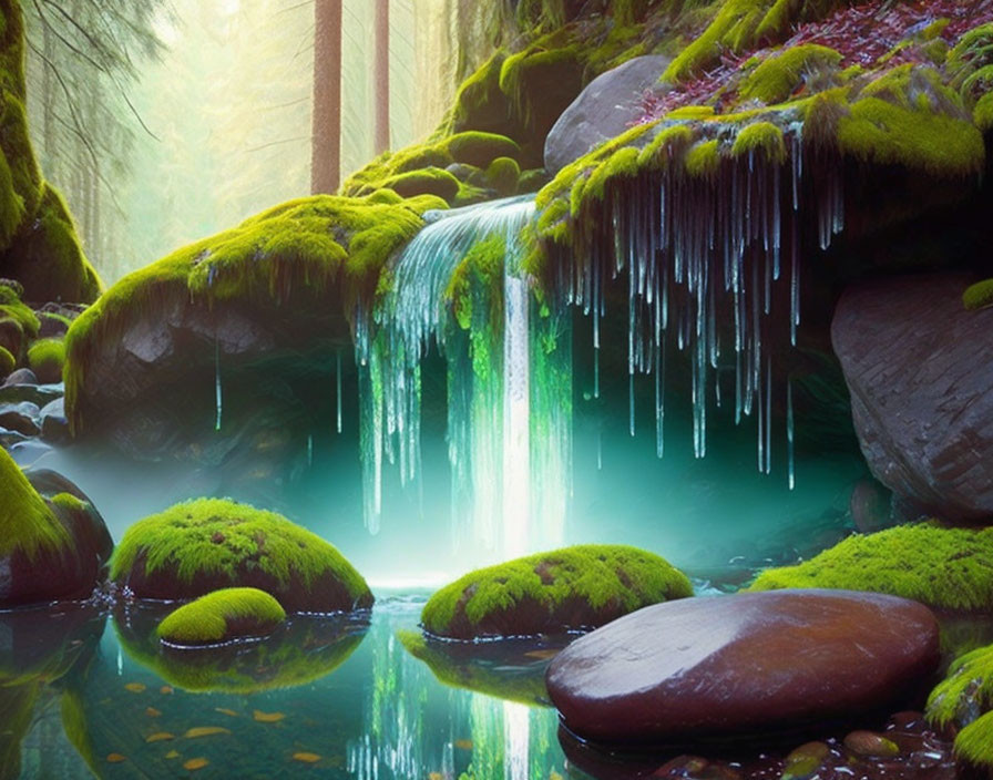 Tranquil forest scene with icicles, moss-covered rocks, waterfall, and misty light