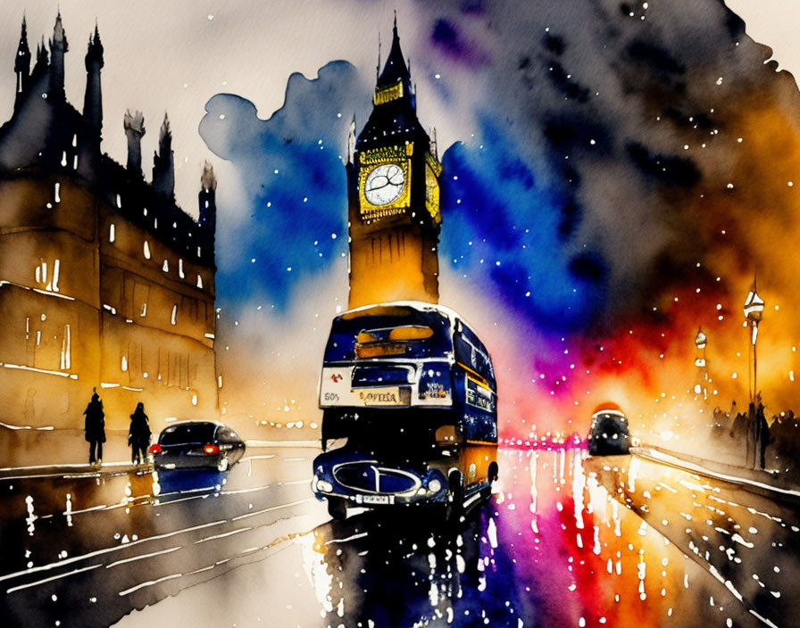 Vivid watercolor painting of London street scene at night