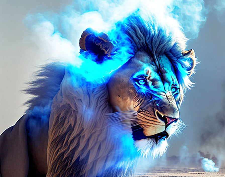 Majestic lion with blue glowing mane in mystical setting