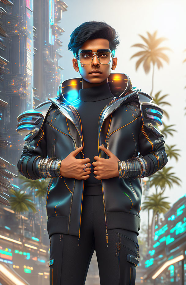 Blue-haired male character in futuristic jacket poses in neon cityscape