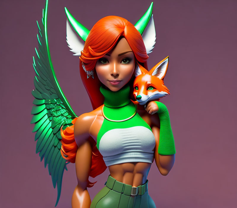 Illustration of woman with fox ears, wings, holding a small fox, vibrant orange hair, green