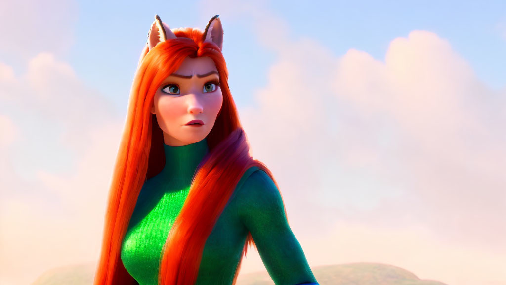 Red-Haired Fox Character in Green Outfit with Determined Expression