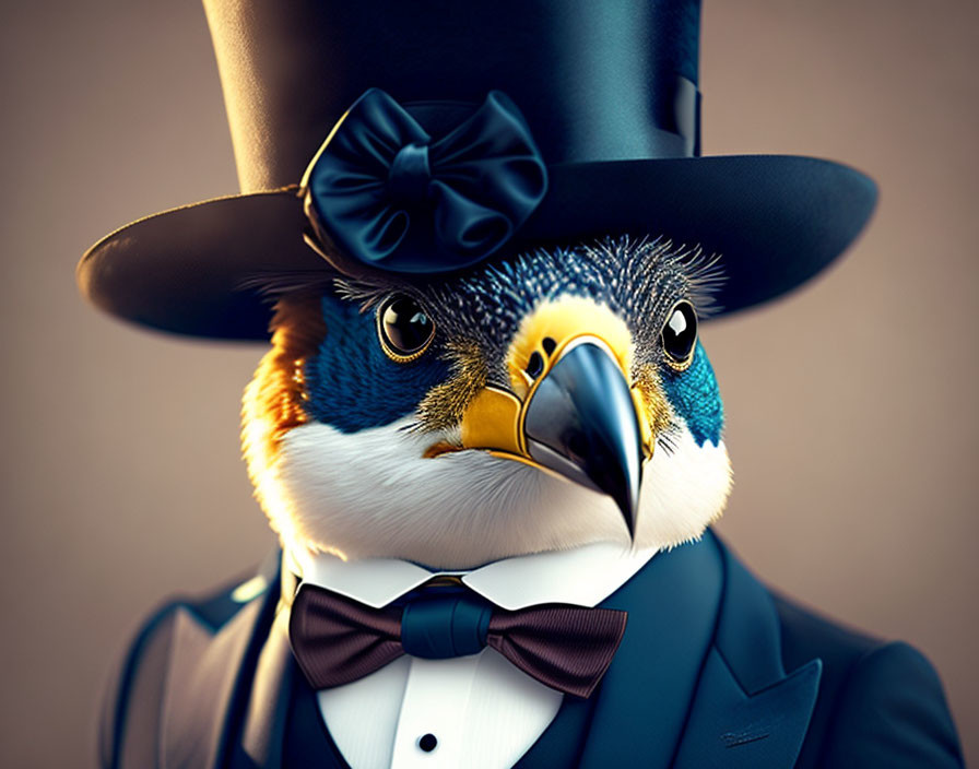 Stylized penguin in elegant suit, bow tie, and top hat on brown background