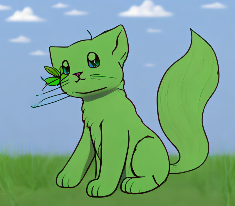 Green Cartoon Cat Sitting in Grass Field with Leaf, Blue Sky and Clouds