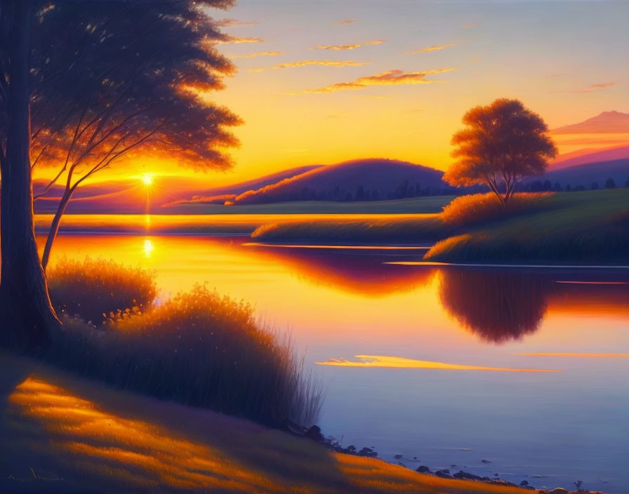 Tranquil sunset over calm lake with sun reflections, trees, hills, and colorful sky.