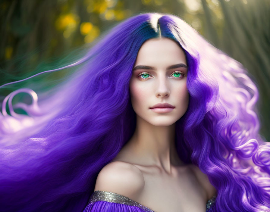 Vibrant purple hair and green eyes in natural setting