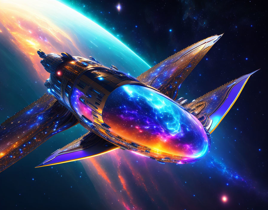 Futuristic spaceship with sleek wings in vibrant cosmos