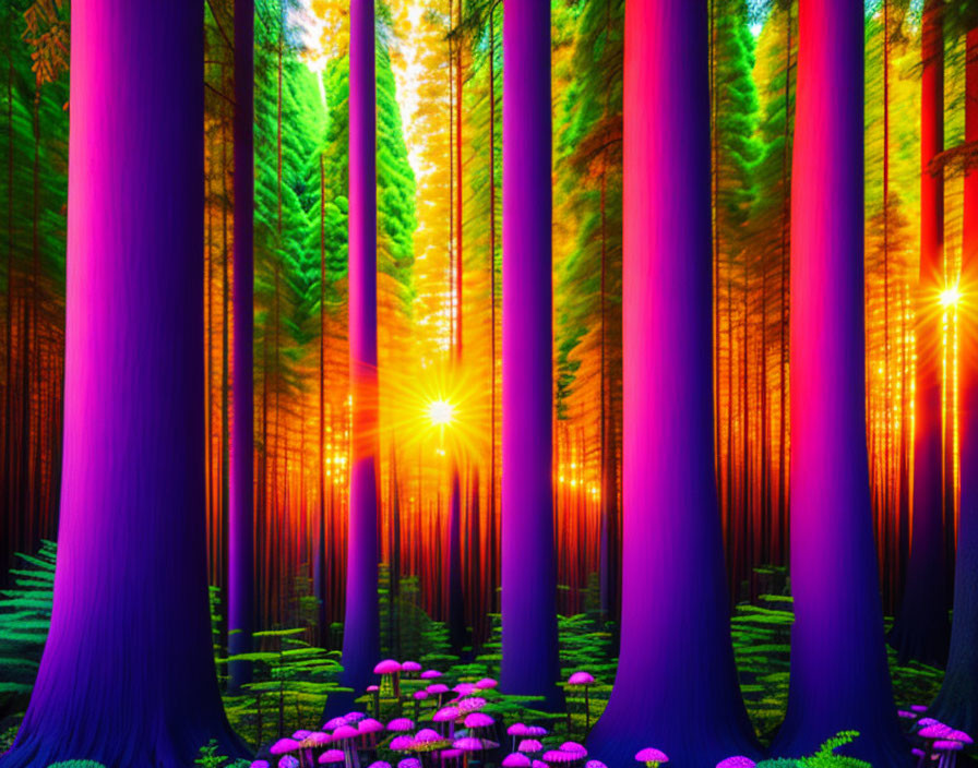 Colorful Forest Scene with Purple Tree Trunks, Sunburst, and Neon Mushrooms