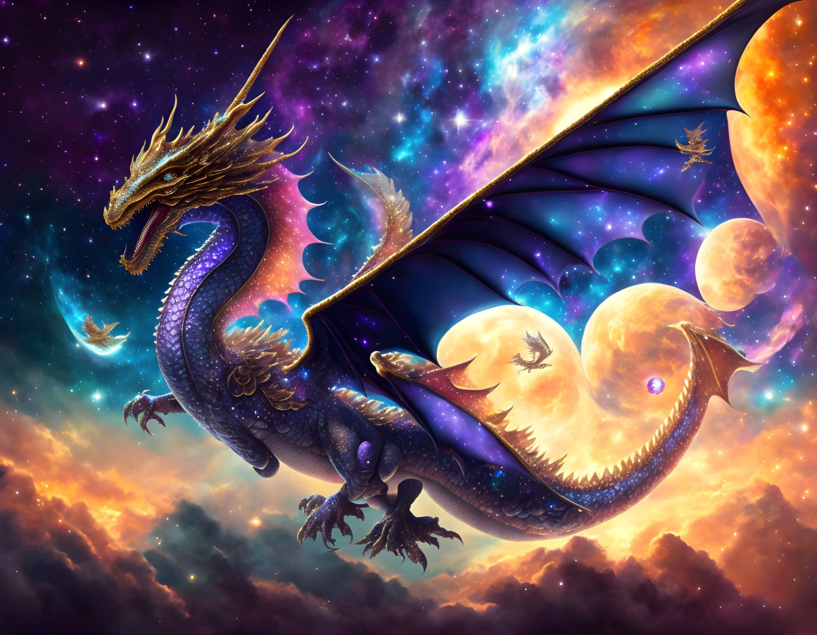 Majestic cosmic dragon in vibrant star-filled nebula