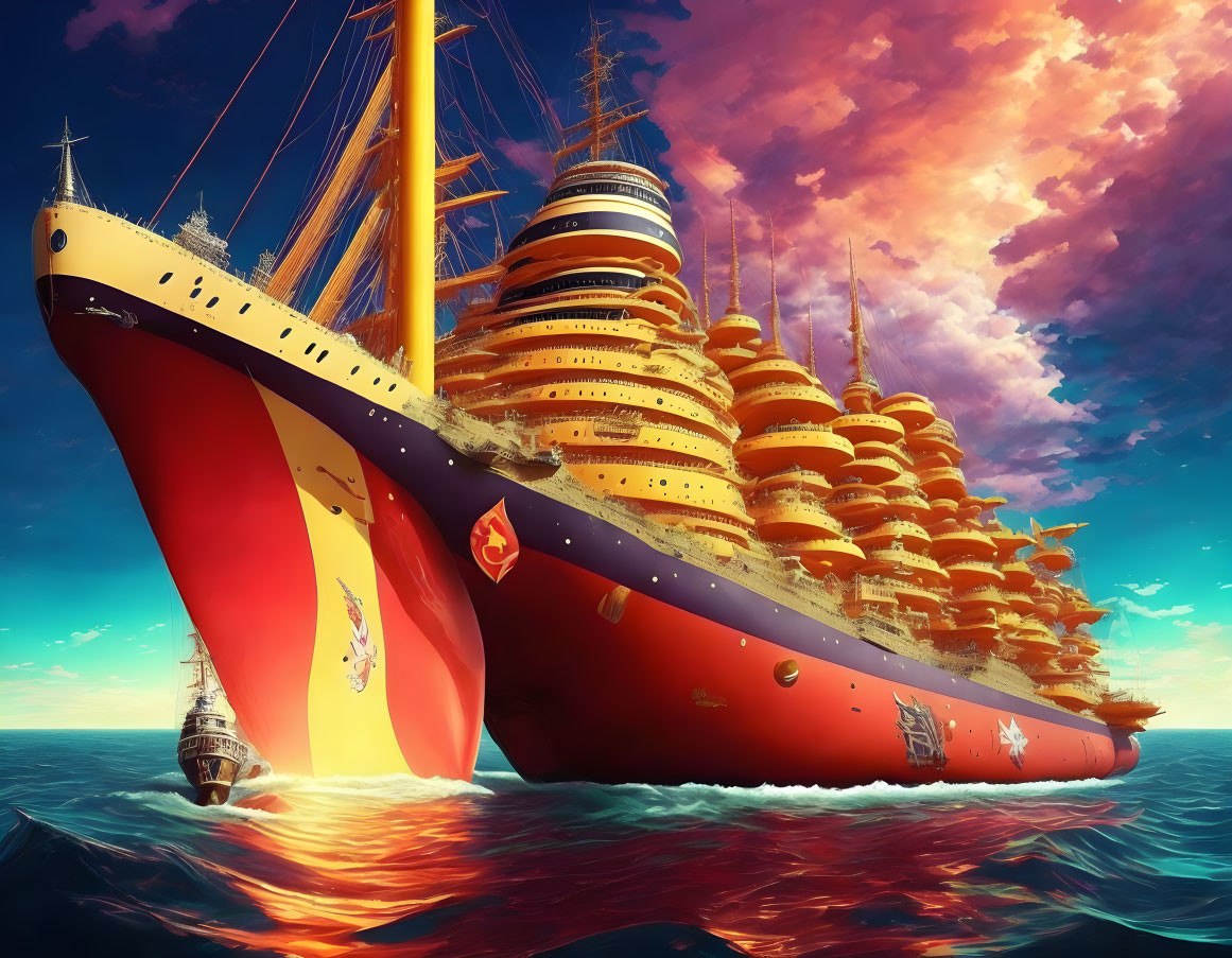 Fantastical multilayered ship with yellow masts sailing under vivid sunset sky