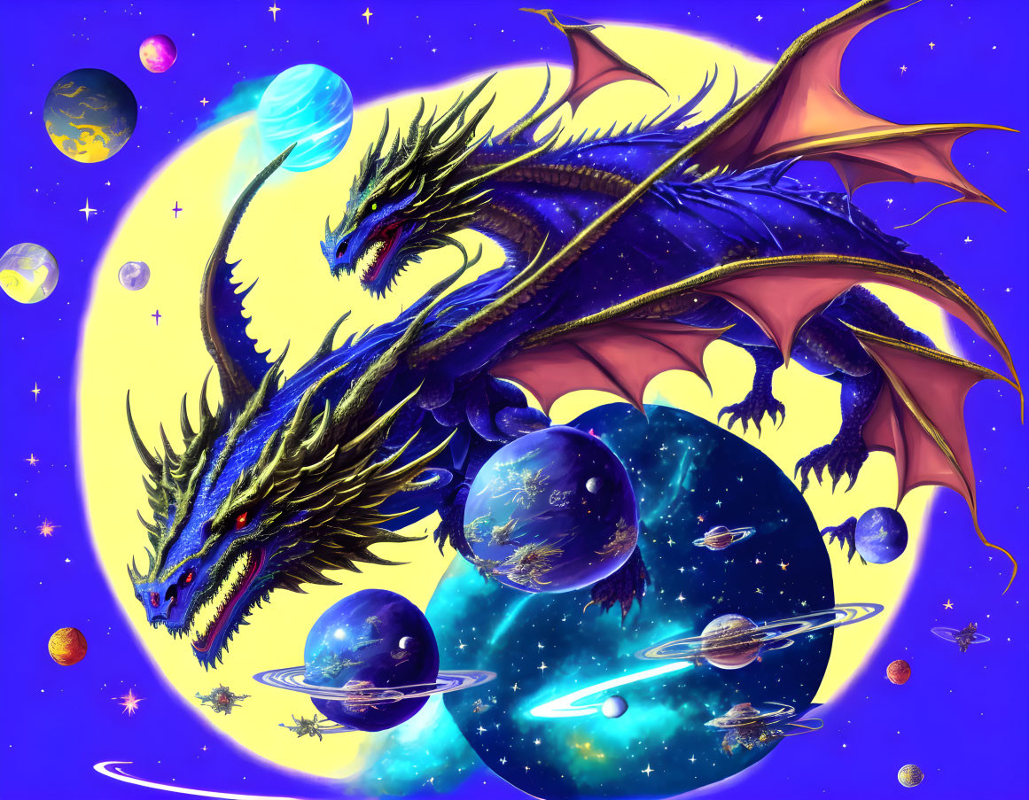 Blue dragon flying through vibrant cosmic space with colorful planets.