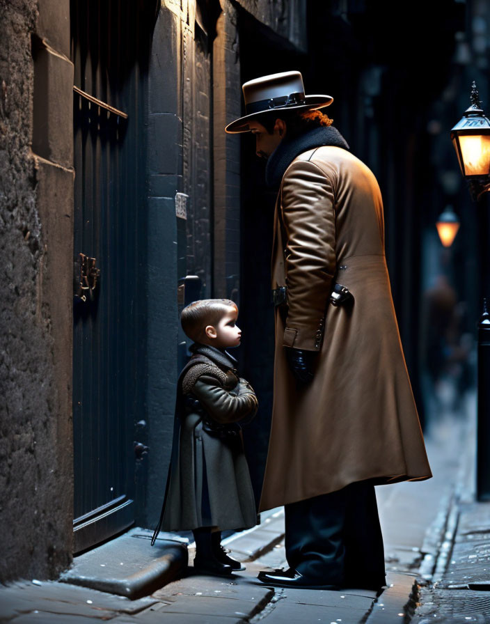 Man in top hat and trench coat conversing with child in dimly lit alleyway by vintage lantern