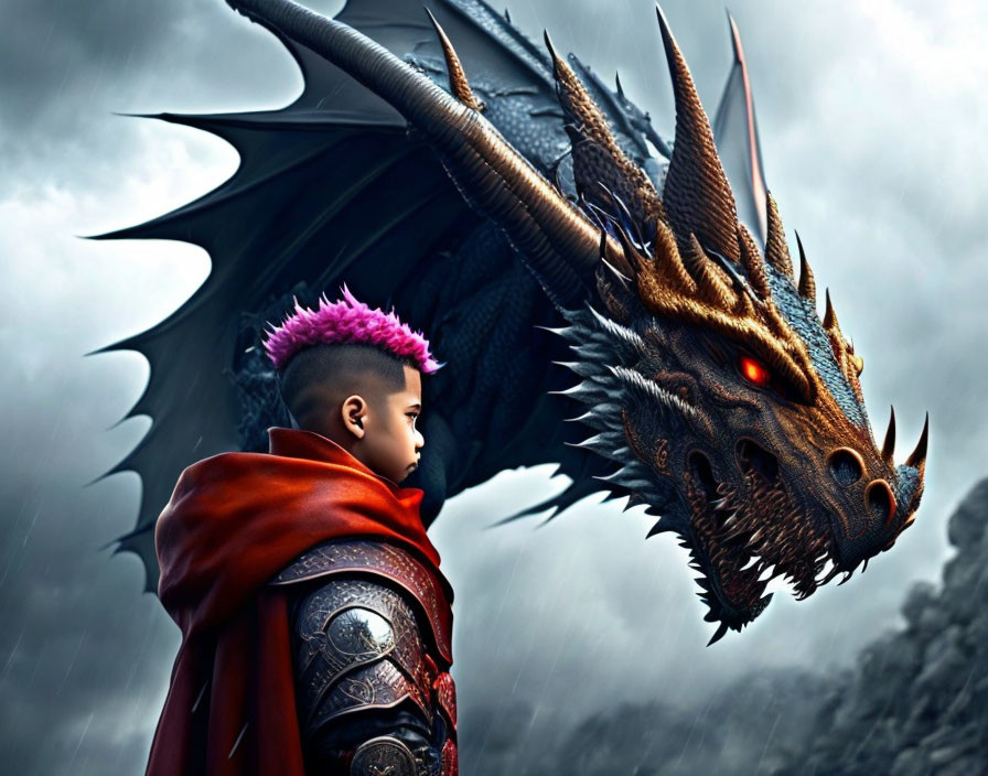 Child warrior with pink mohawk faces menacing black dragon in stormy sky