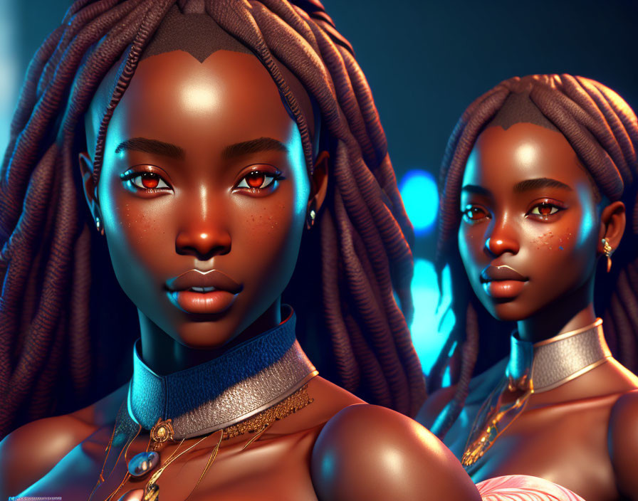 Dark-skinned female figures with braided hair in elegant chokers, subtle makeup, and blue-l