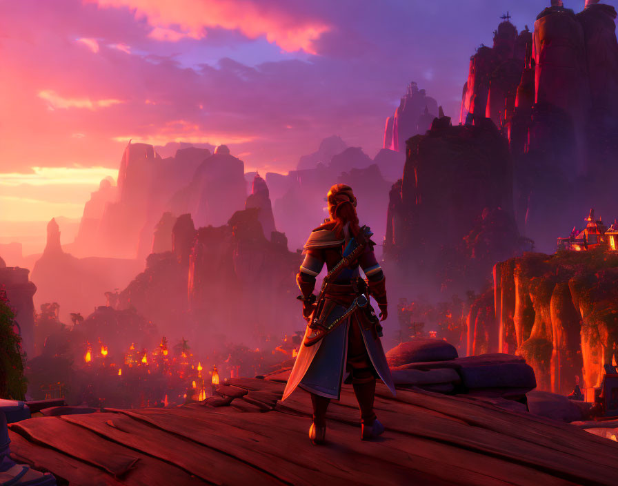 Warrior with sword in mystical landscape and vibrant sunset sky