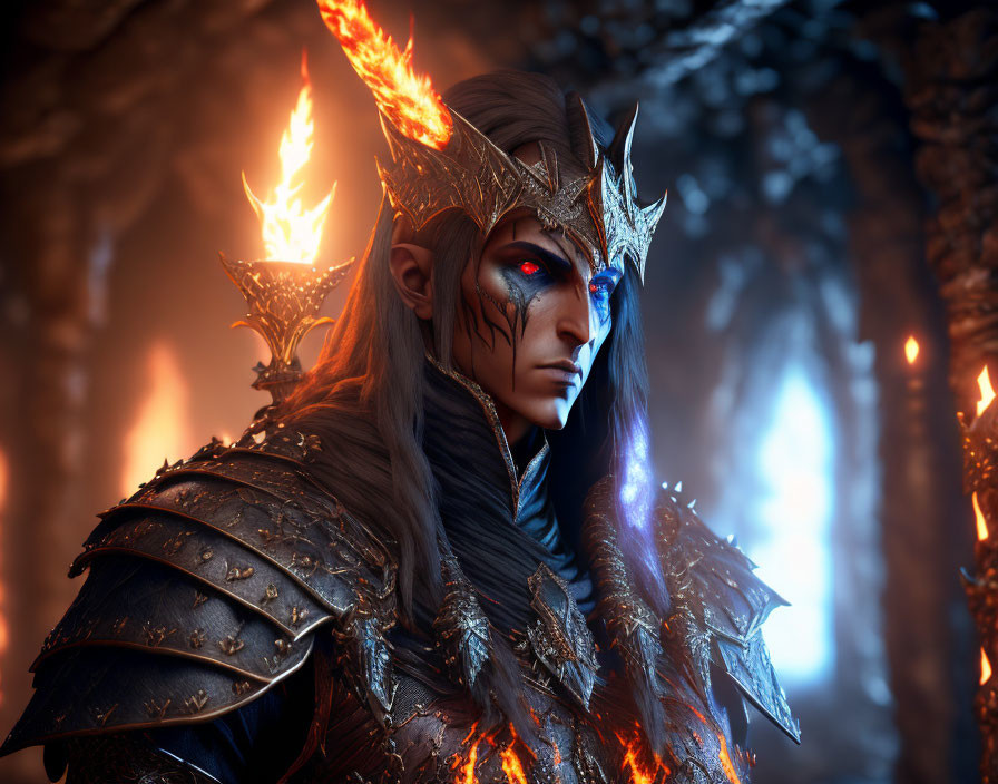 Blue-skinned elf in black armor with fiery crown in mystical forest