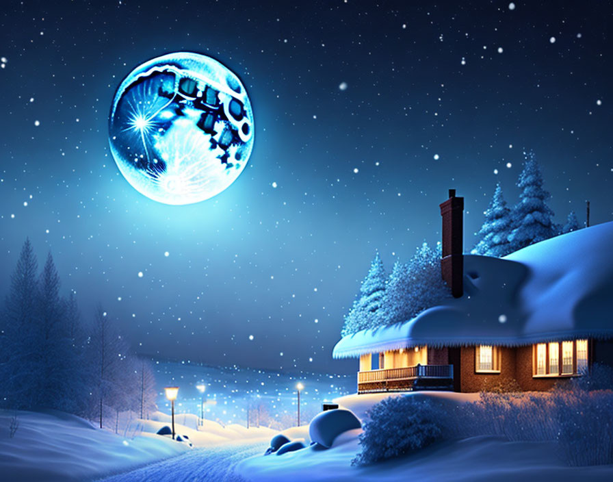 Detailed Snowy Winter Night Scene with Cozy House and Mechanical Moon