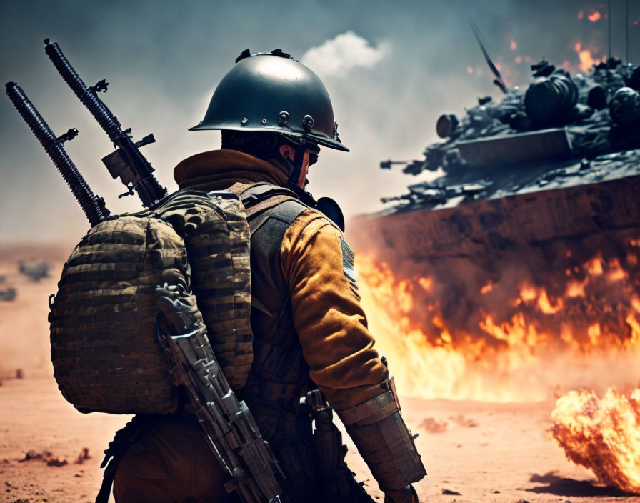 Soldier in combat gear observes fiery explosion near tank on battlefield