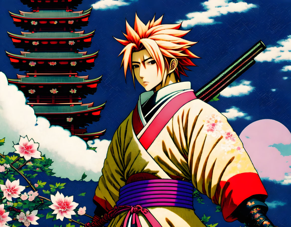 Spiky-haired animated character in traditional attire at pagoda with cherry blossoms