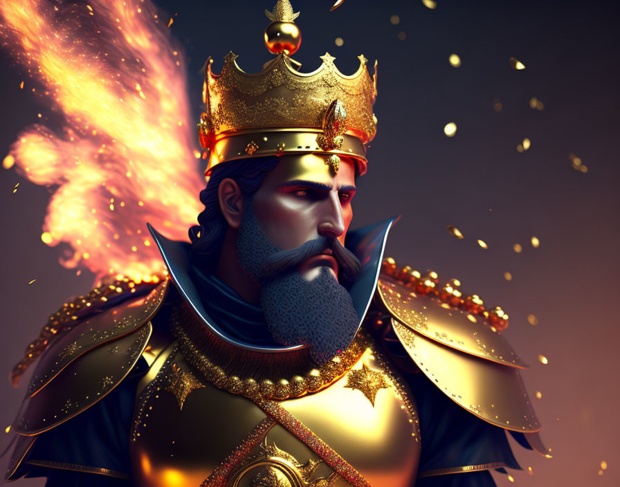 Regal king with golden crown and armor in fiery dark background