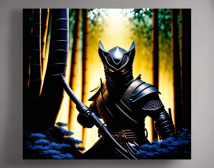 Samurai armor-clad figure with spear in bamboo setting