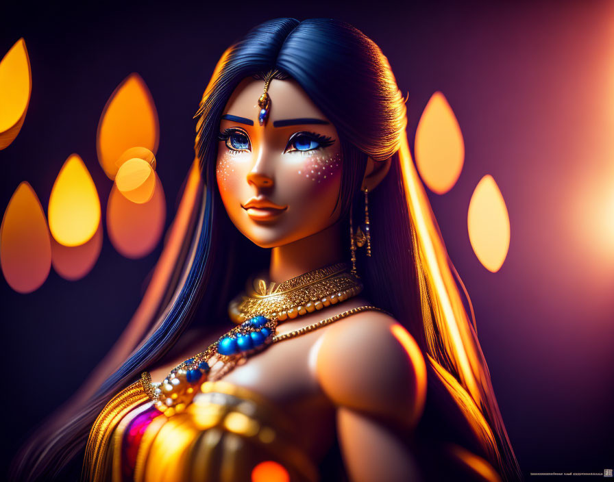 Stylized Woman with Blue Hair and Gold Jewelry on Warm Glowing Background