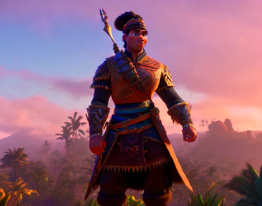 Animated female character in tribal attire with spear in tropical sunset landscape