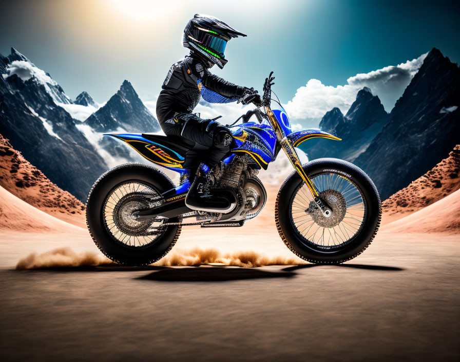 Motorcyclist in full gear on blue off-road bike riding in scenic mountain landscape