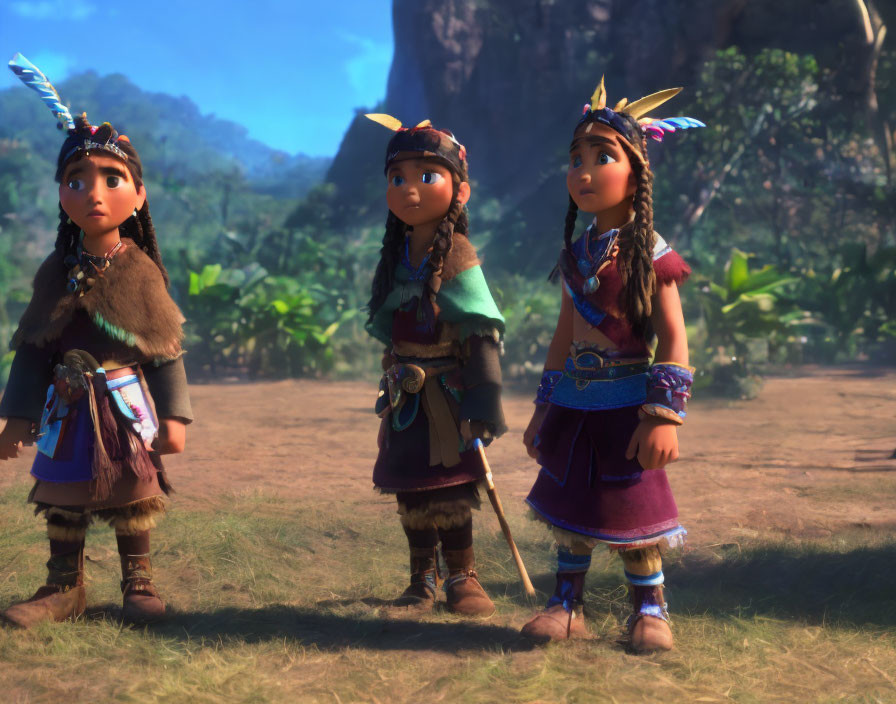 Animated characters in indigenous attire explore sunlit forest clearing