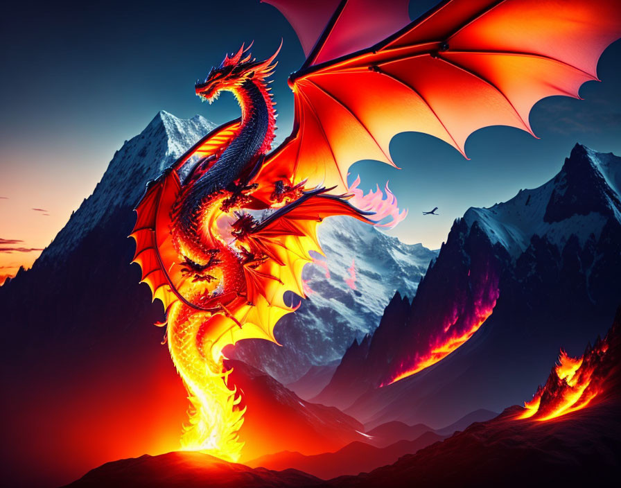 Fiery red dragon with outstretched wings on rocky cliff against snowy mountains and vibrant sunset sky