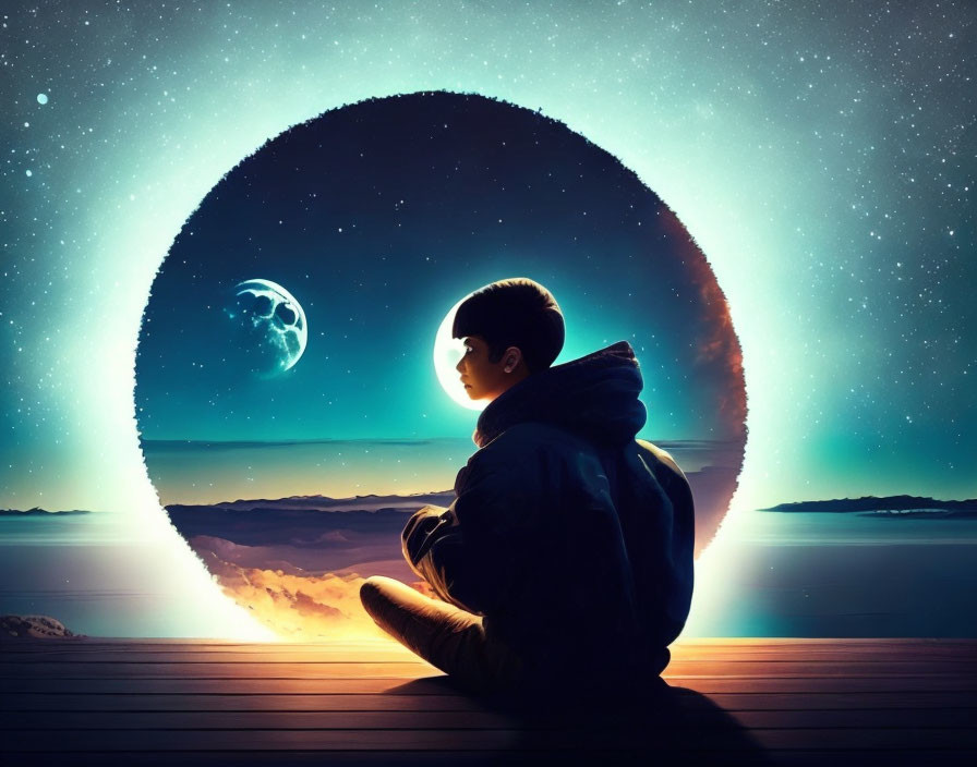 Person sitting on wooden dock under surreal night sky with large luminous circle and moon view.