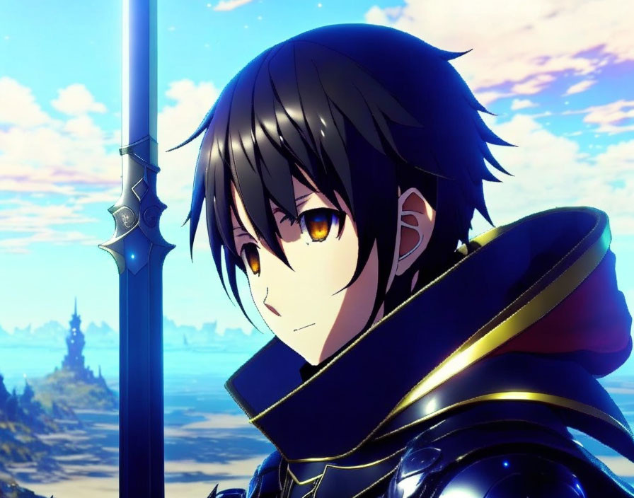 Anime character in blue and gold armor with glowing spear, against dreamy sky and castle.
