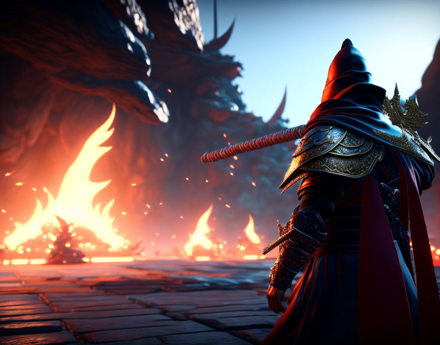 Knight in ornate armor faces massive dragon in fiery landscape