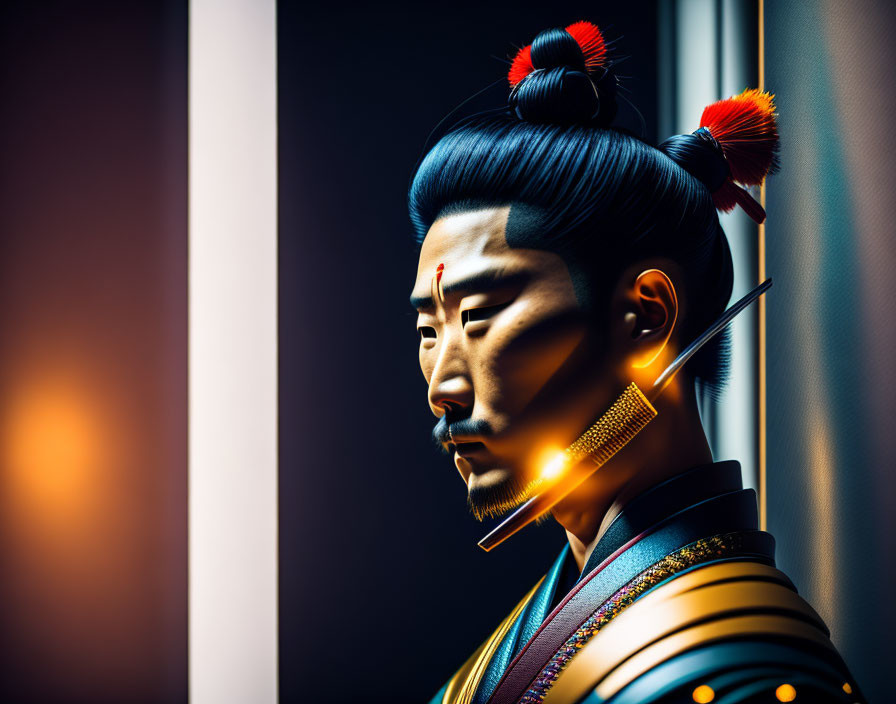 Stylized Male Figure with Asian Features and Topknot