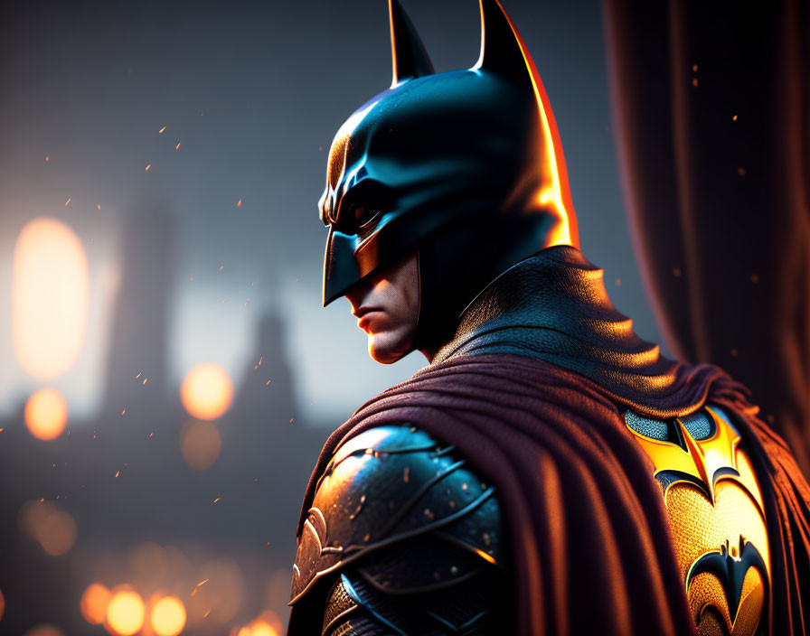 Close-up of Batman in costume with cityscape and glowing embers.