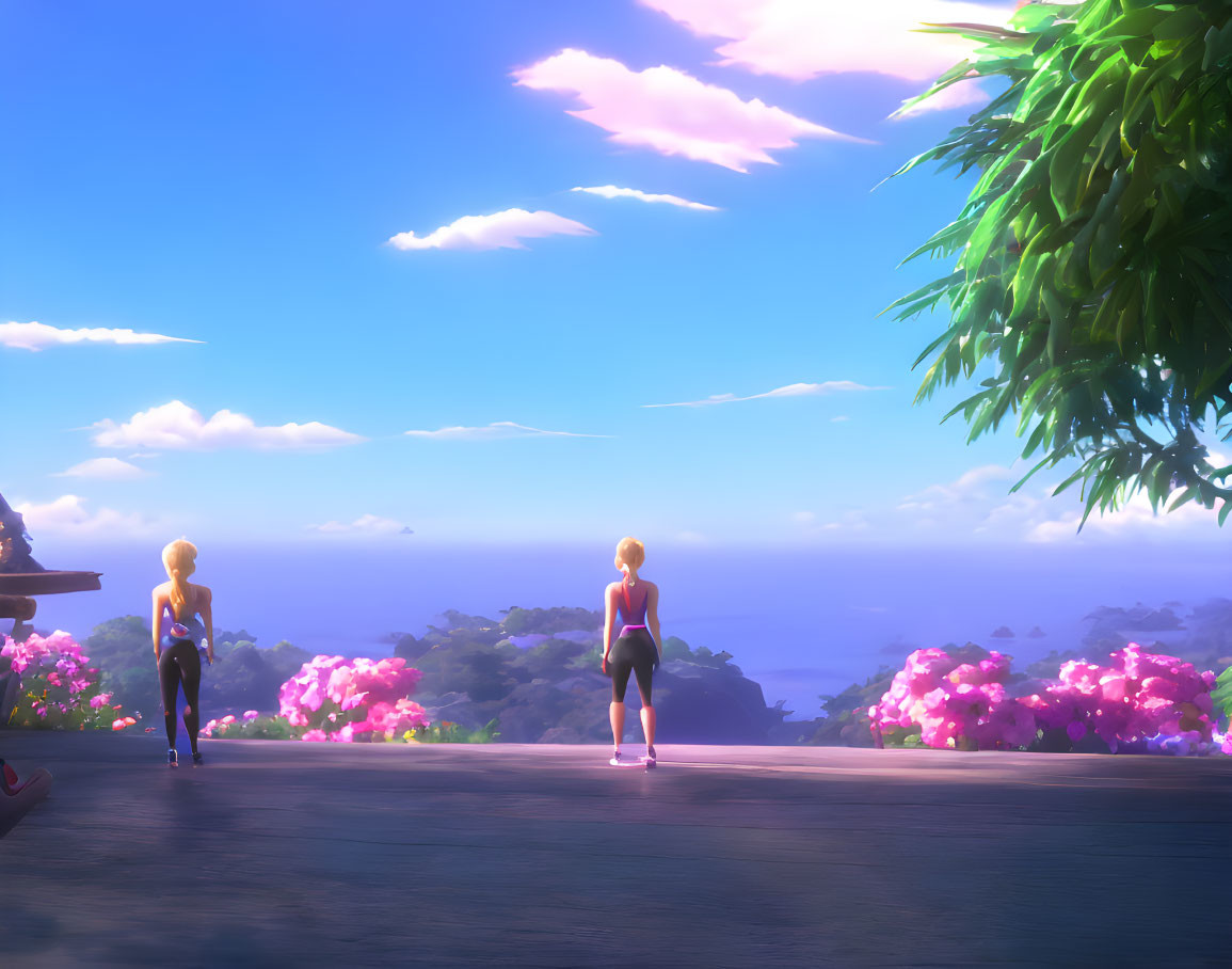 Animated characters enjoy serene seascape with pink clouds, lush foliage under clear blue sky