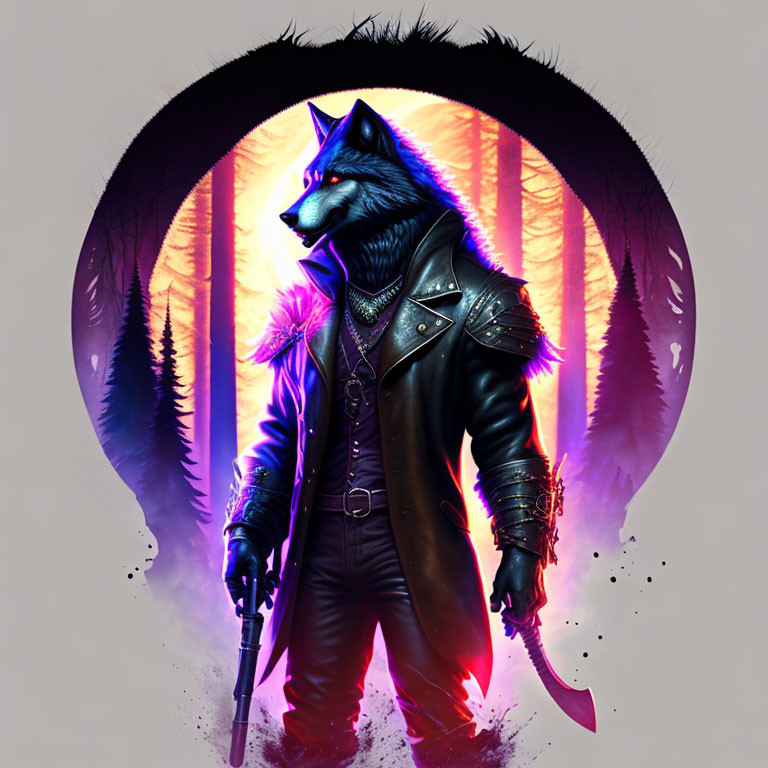Anthropomorphic wolf in leather jacket with sword in mystical forest setting