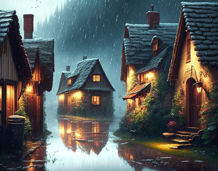 Charming cottages with glowing windows reflected in waterway at twilight