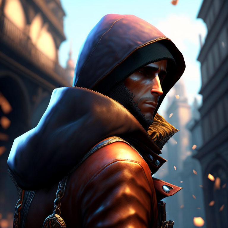 Hooded character in leather outfit against historical buildings and floating embers