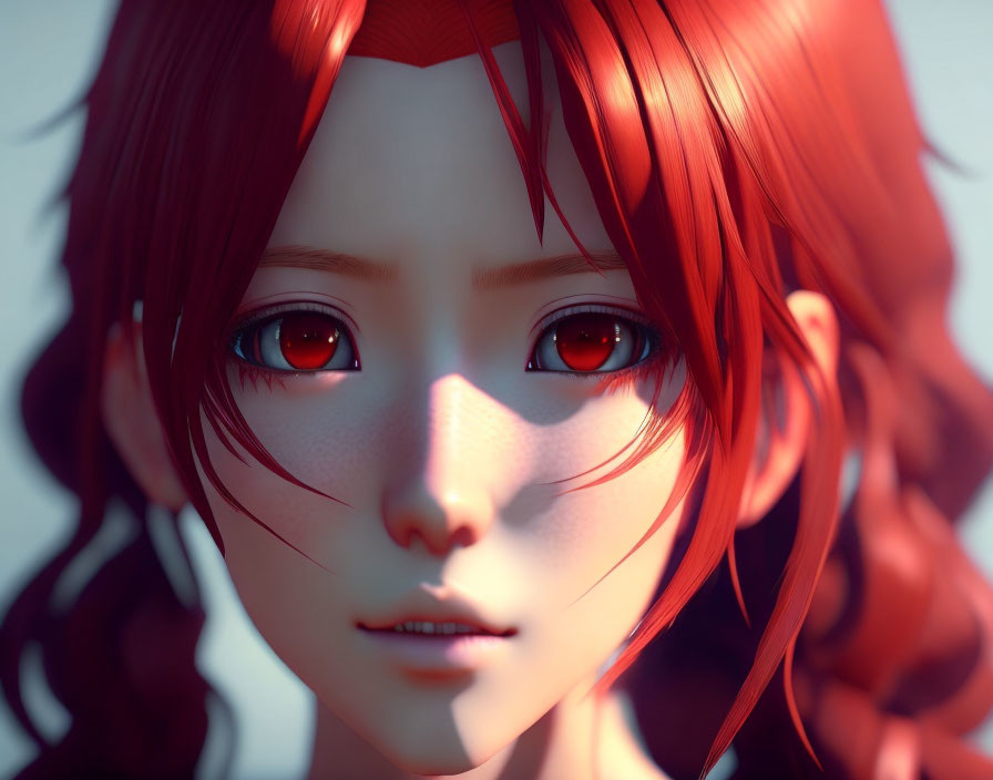 Close-up of 3D-rendered female character with red eyes and auburn hair
