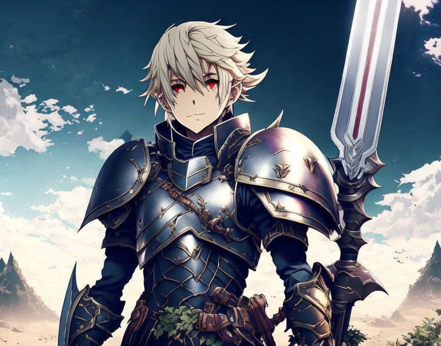 Anime-style character in ornate armor with large sword against mountain backdrop