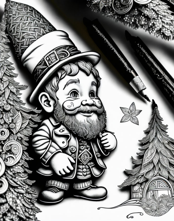Detailed Black and White Whimsical Gnome Illustration with Trees and Drawing Pencils