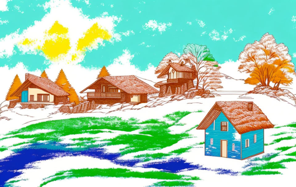 Colorful countryside scene with snow-covered houses and vibrant trees.
